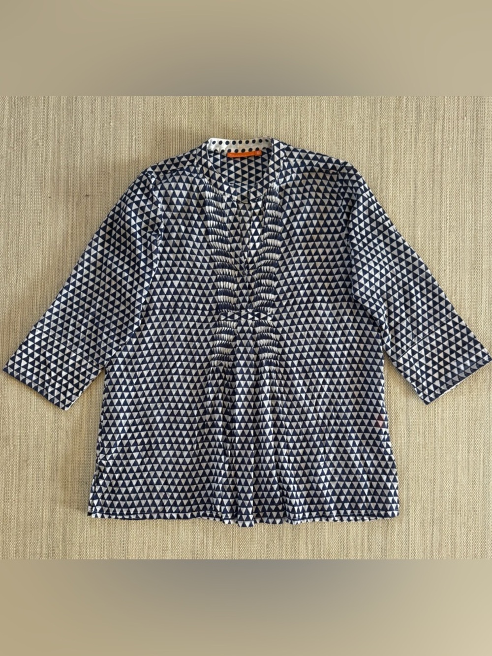 Oliphant white blue geometric‎ cotton 3/4 sleeve split neck blouse top women’s S
